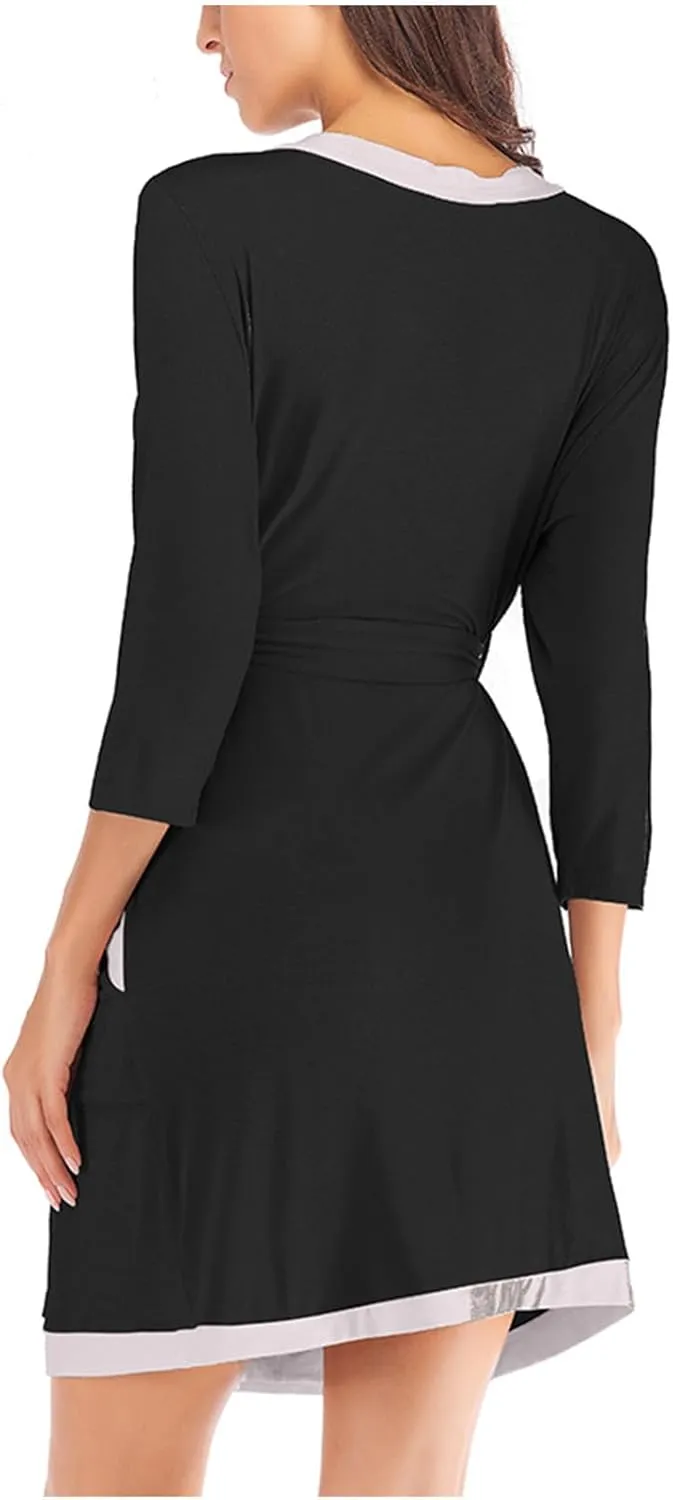 HGps8w Women's Soft Kimono Robes - Wrap Tie Waist Short Bathrobes - Color Block Long Sleeve Sleepwear Lightweight Nightgown