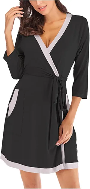 HGps8w Women's Soft Kimono Robes - Wrap Tie Waist Short Bathrobes - Color Block Long Sleeve Sleepwear Lightweight Nightgown