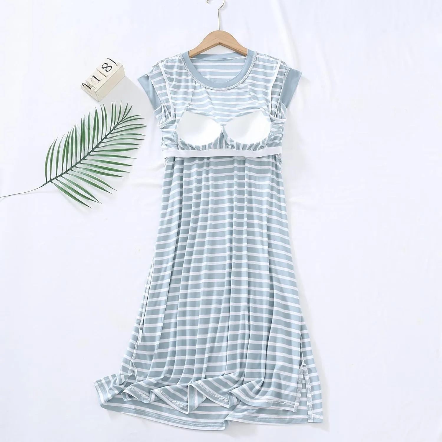 HGps8w Womens Summer Built in Bra Nightgown, Casual Sleeveless Striped Sleepwear Soft Modal Loose Nightshirts Lounge Dress