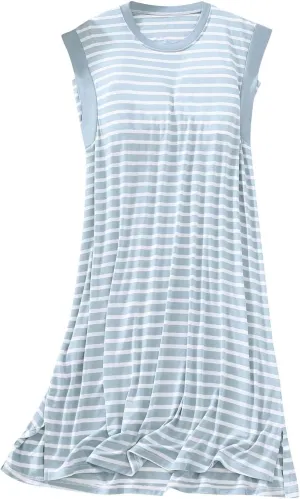 HGps8w Womens Summer Built in Bra Nightgown, Casual Sleeveless Striped Sleepwear Soft Modal Loose Nightshirts Lounge Dress