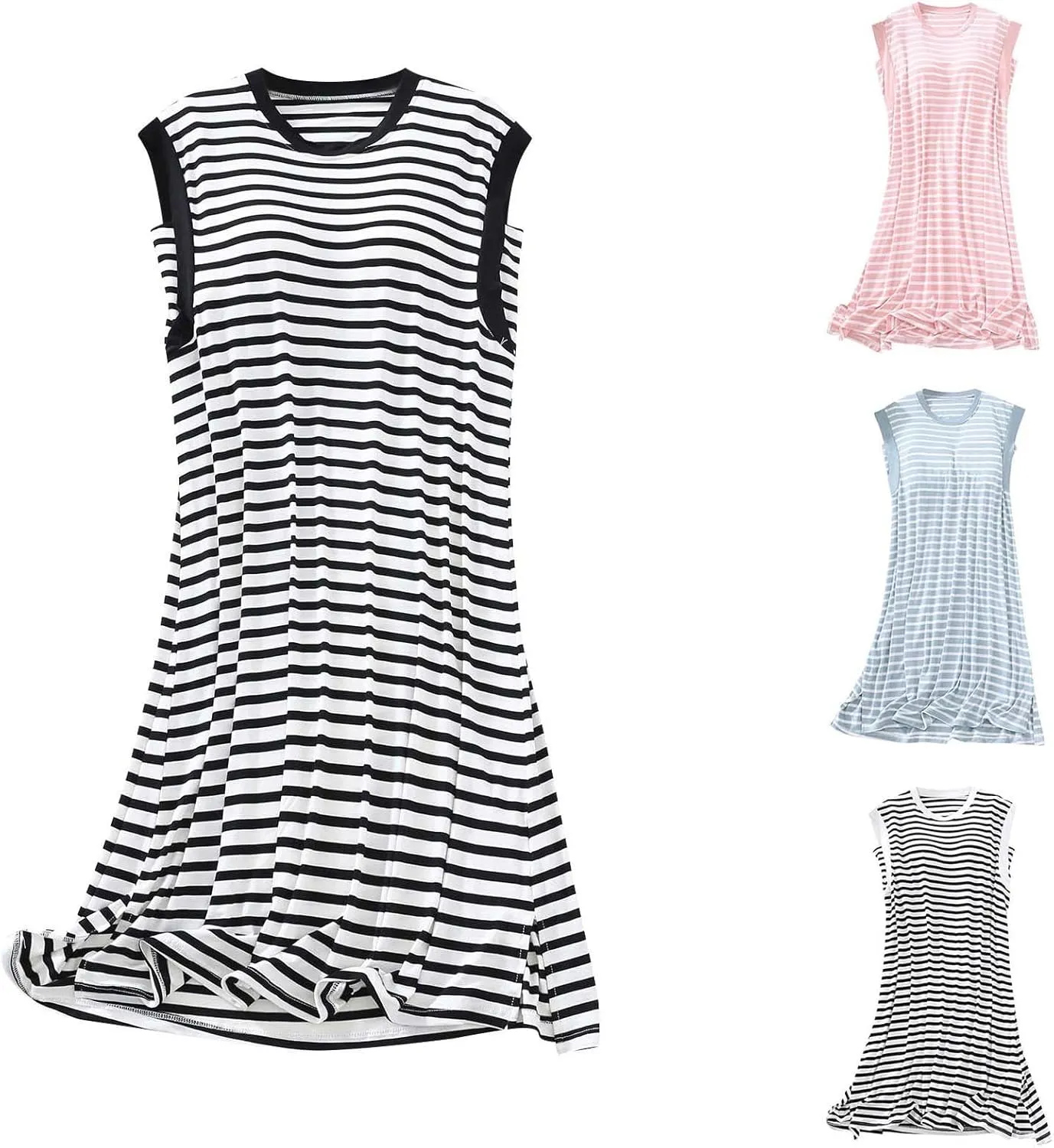 HGps8w Womens Summer Built in Bra Nightgown, Casual Sleeveless Striped Sleepwear Soft Modal Loose Nightshirts Lounge Dress
