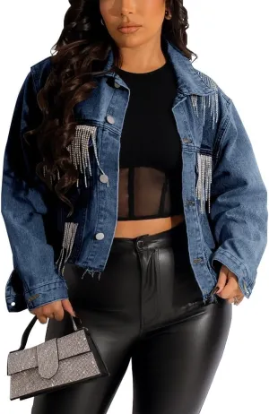 HTD Women's Cropped Jean Jacket Button Up Long Sleeve Ripped Distressed Denim Jacket Frayed Hem