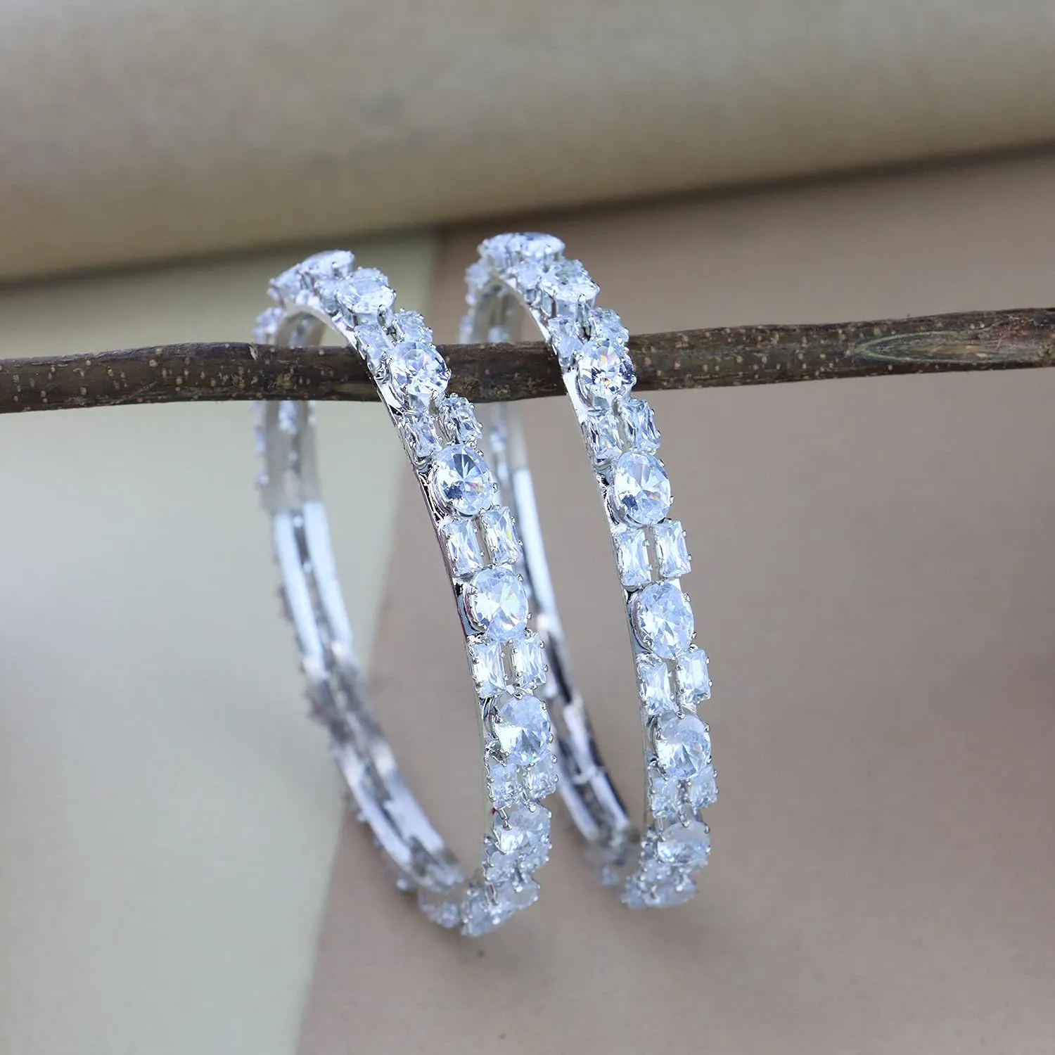 I Jewels Silver Plated Indain Wedding Bollywood Thick Brass Bangles Encased With CZ American Diamonds For Women