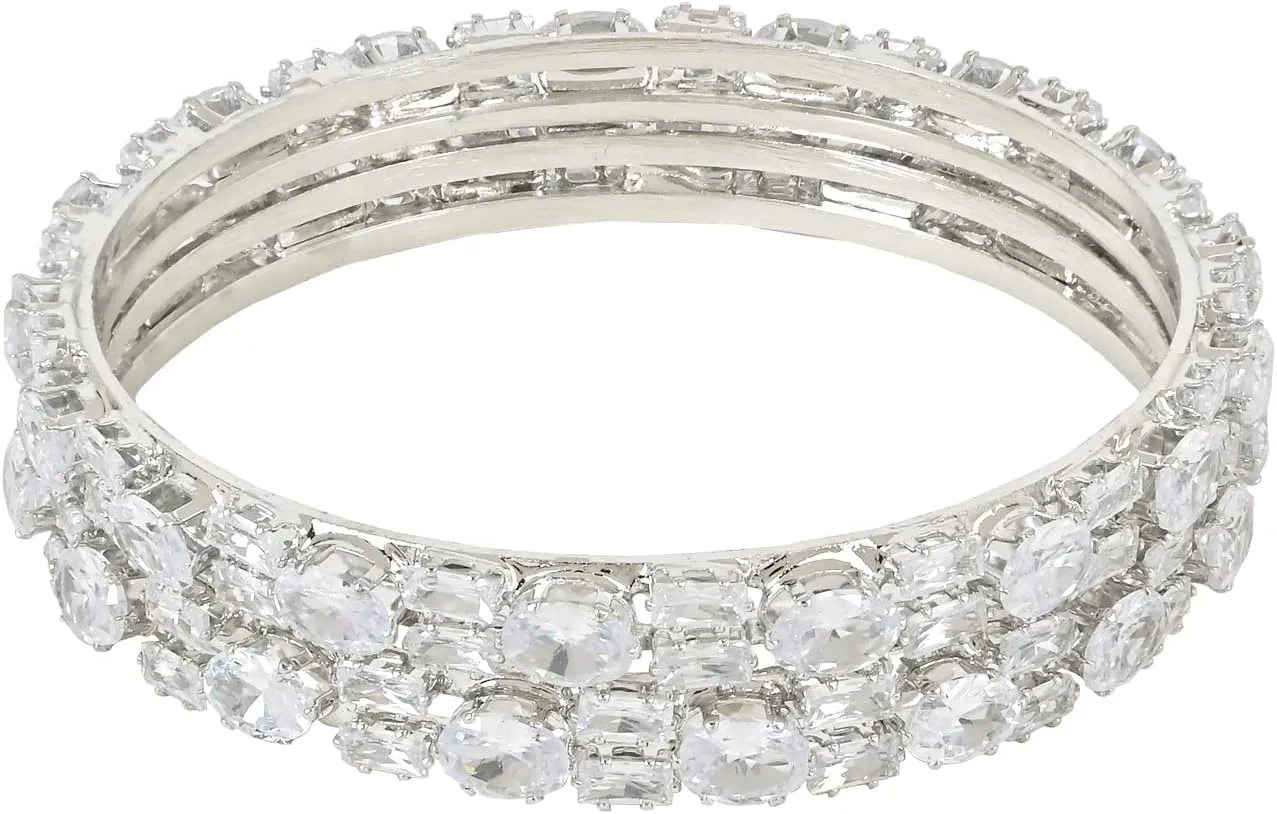 I Jewels Silver Plated Indain Wedding Bollywood Thick Brass Bangles Encased With CZ American Diamonds For Women