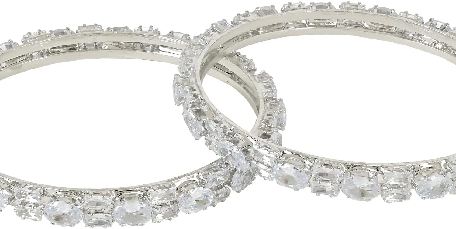 I Jewels Silver Plated Indain Wedding Bollywood Thick Brass Bangles Encased With CZ American Diamonds For Women