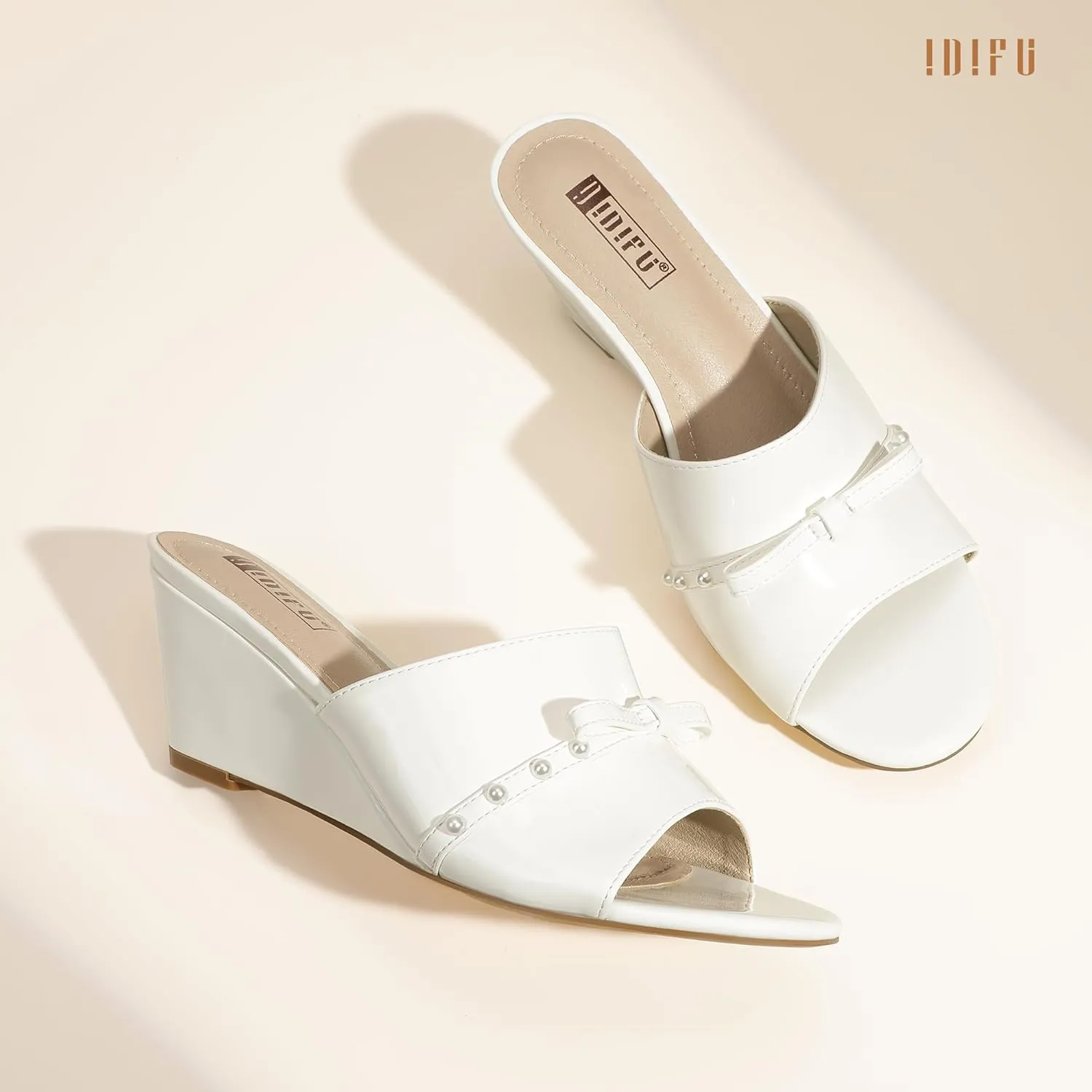 IDIFU Women's Wedge Sandals Bow Pearl Low Heels Open Toe Slip On Slide Dress Sandals for Women Ladies Bride Comfortable Dressy Cute Trendy Summer Work Wedding Wedges Heels Sandals