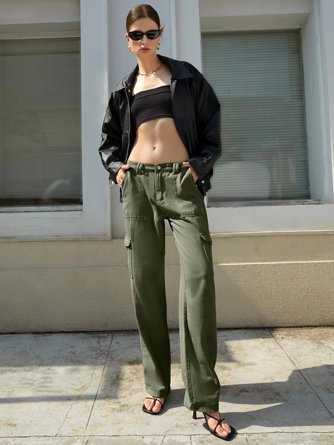 IFFEI Womens Cargo Pants High Waisted Wide Leg Trousers Baggy Multiple Pockets Hiking Pants