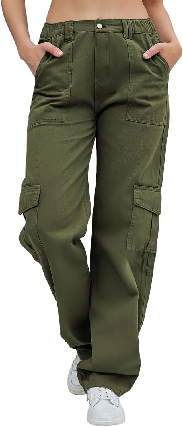 IFFEI Womens Cargo Pants High Waisted Wide Leg Trousers Baggy Multiple Pockets Hiking Pants
