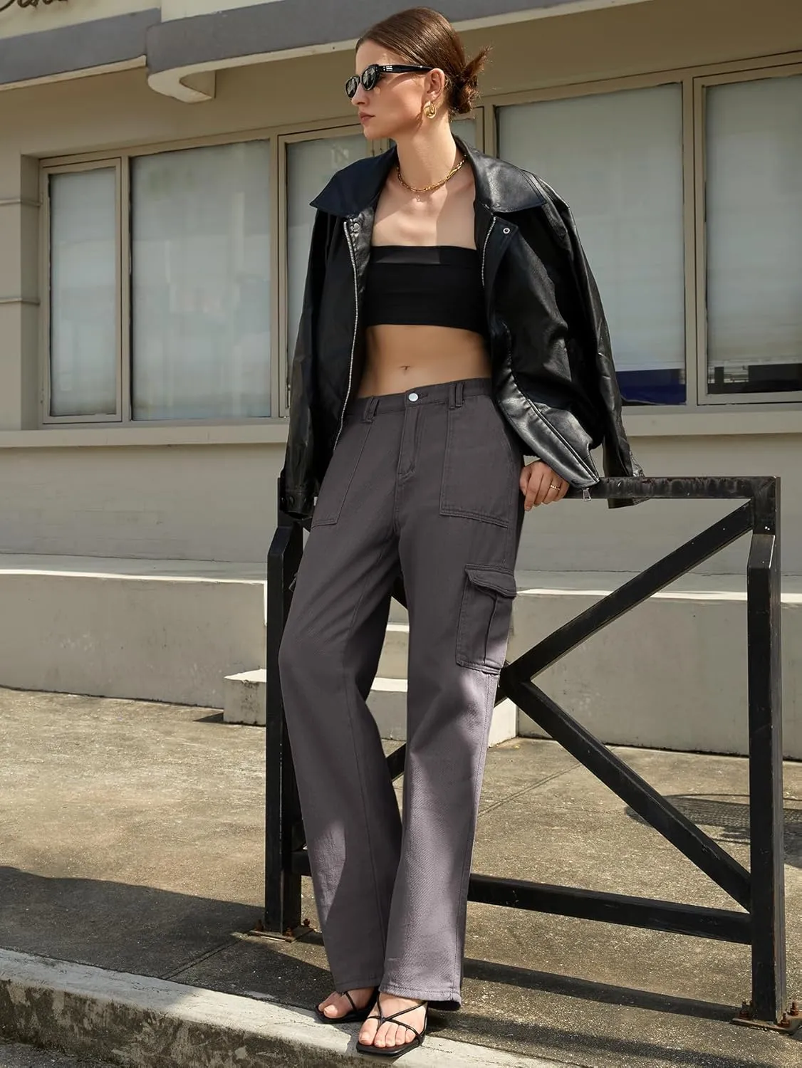 IFFEI Womens Cargo Pants High Waisted Wide Leg Trousers Baggy Multiple Pockets Hiking Pants