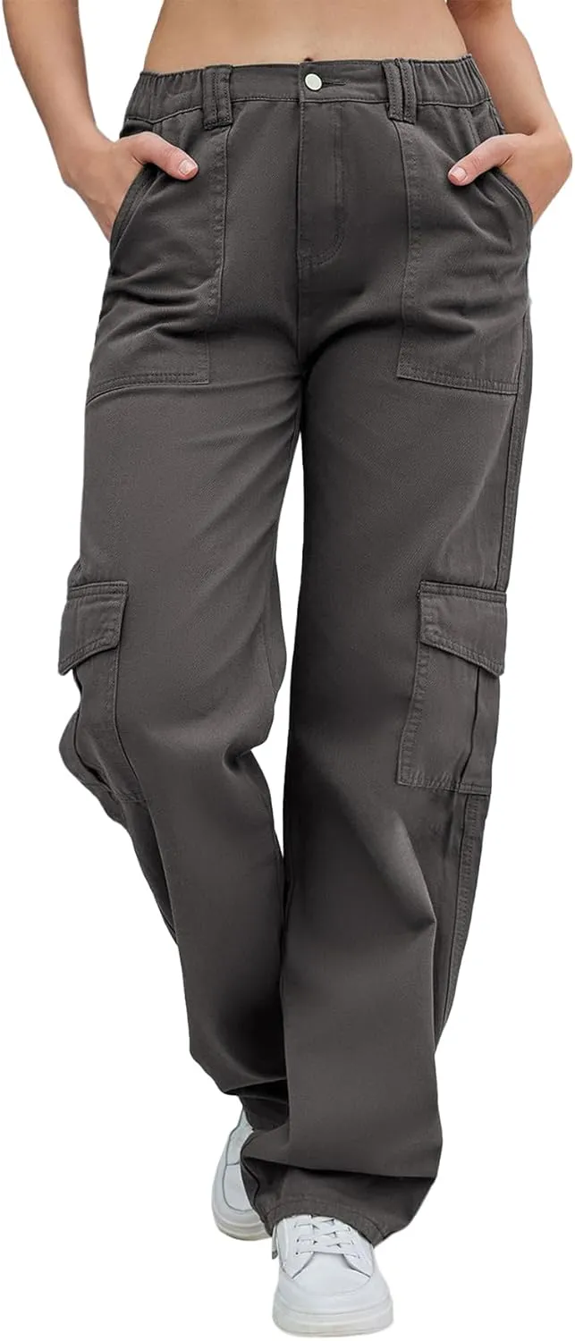IFFEI Womens Cargo Pants High Waisted Wide Leg Trousers Baggy Multiple Pockets Hiking Pants