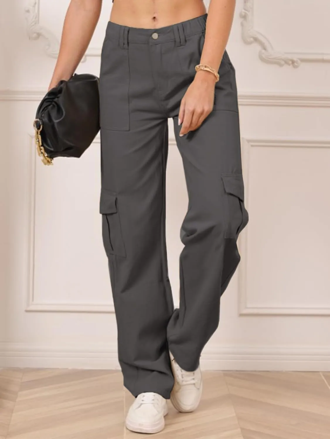 IFFEI Womens Cargo Pants High Waisted Wide Leg Trousers Baggy Multiple Pockets Hiking Pants