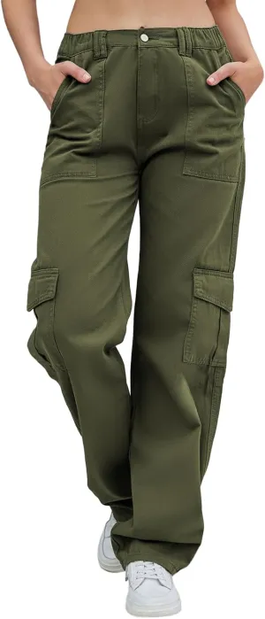 IFFEI Womens Cargo Pants High Waisted Wide Leg Trousers Baggy Multiple Pockets Hiking Pants