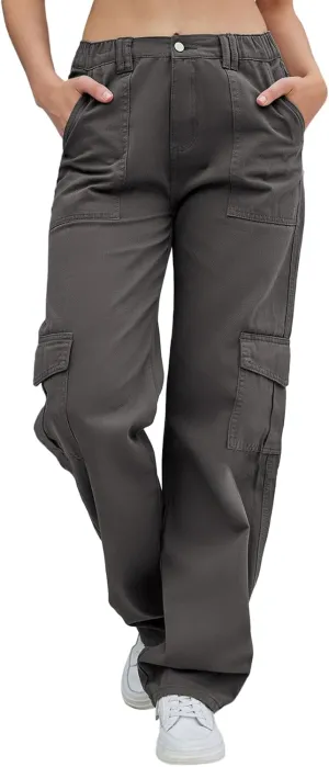 IFFEI Womens Cargo Pants High Waisted Wide Leg Trousers Baggy Multiple Pockets Hiking Pants