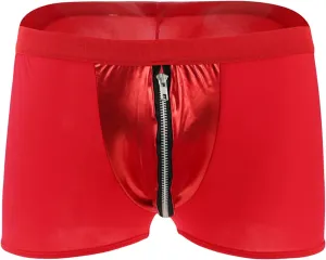 JEsilunmaMY Men's Faux Leather Boxer Briefs Ice Silk Mide Rise Open Zipper Pouch Underwear Stretch Comfortable Sexy Panties
