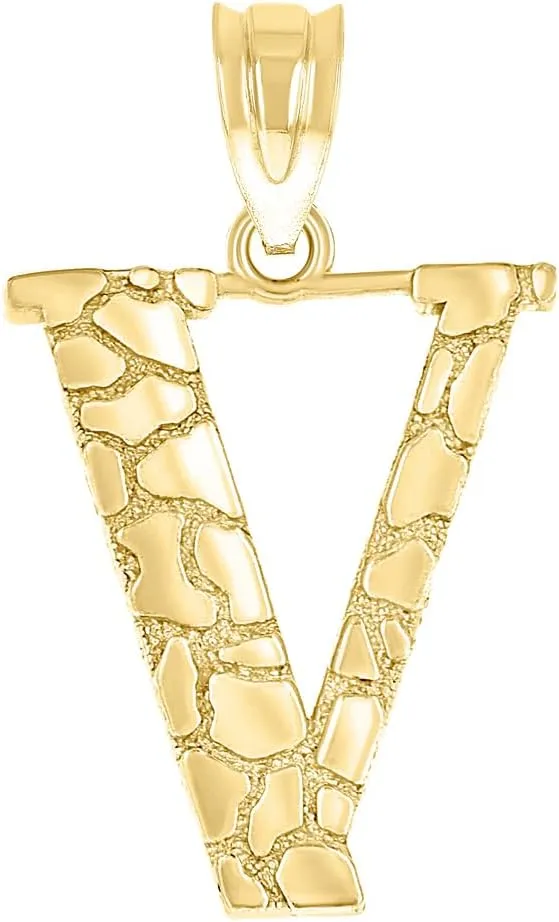 JewelryWeb 10k Yellow Gold Unisex Nugget Letter Name Personalized Monogram Initial V Charm Pendant Necklace 20.5x11.80mm Wide-Pendant for Women