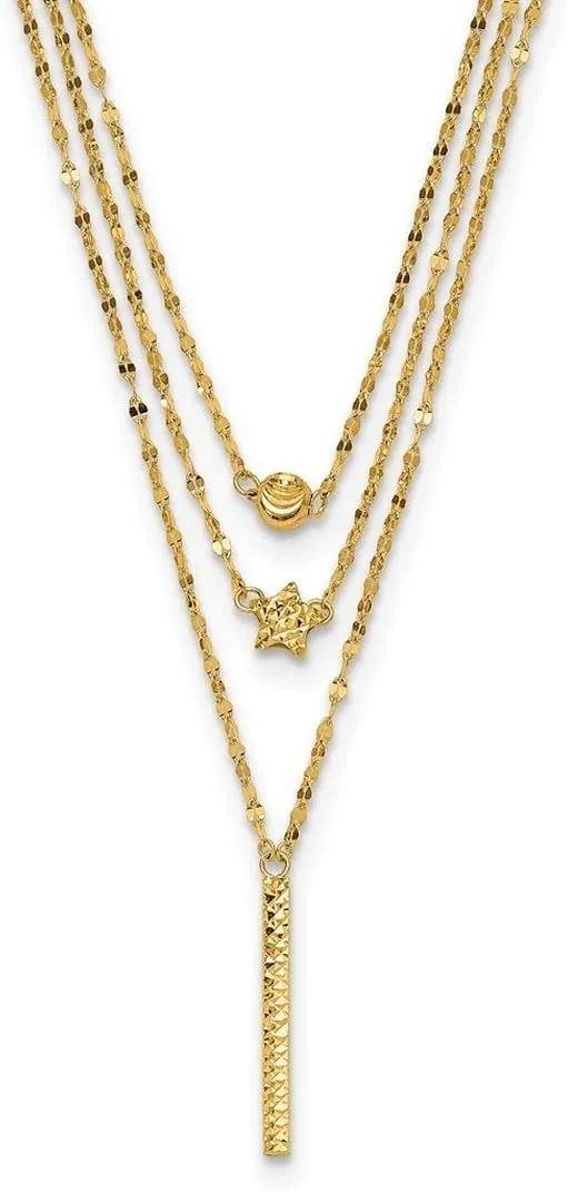JewelryWeb 14k Gold Three Layer Sparkle Cut Bead Star Bar Necklace 18 Inch 2mm Wide Pendant-Necklace for Women