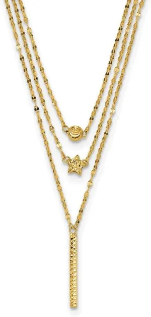 JewelryWeb 14k Gold Three Layer Sparkle Cut Bead Star Bar Necklace 18 Inch 2mm Wide Pendant-Necklace for Women