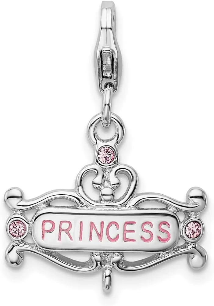 JewelryWeb 925 Sterling Silver Polished Rhodium Platedpink CZ Simulated Diamond Enameled Princess Charm Pendant Necklace for Women