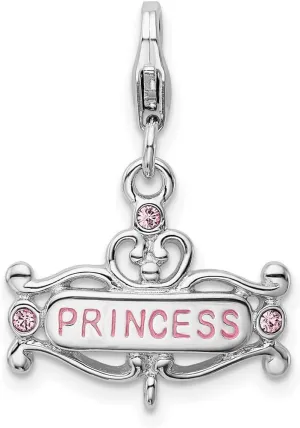 JewelryWeb 925 Sterling Silver Polished Rhodium Platedpink CZ Simulated Diamond Enameled Princess Charm Pendant Necklace for Women