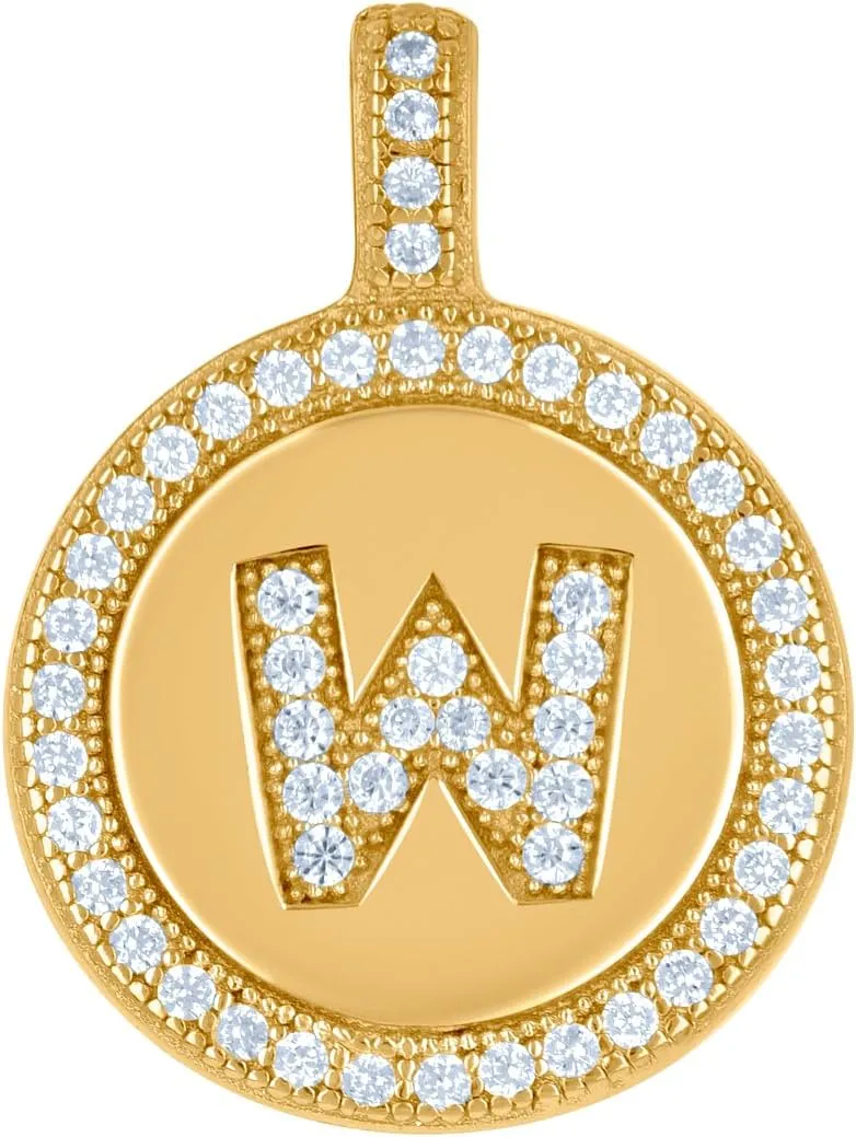 JewelryWeb 925 Sterling Silver Unisex CZ Simulated Diamond Letter Name Personalized Monogram Initial Alphabet W Disc Pendant Necklace Charm 19.5x14.7mm Wide-Pendant for Women