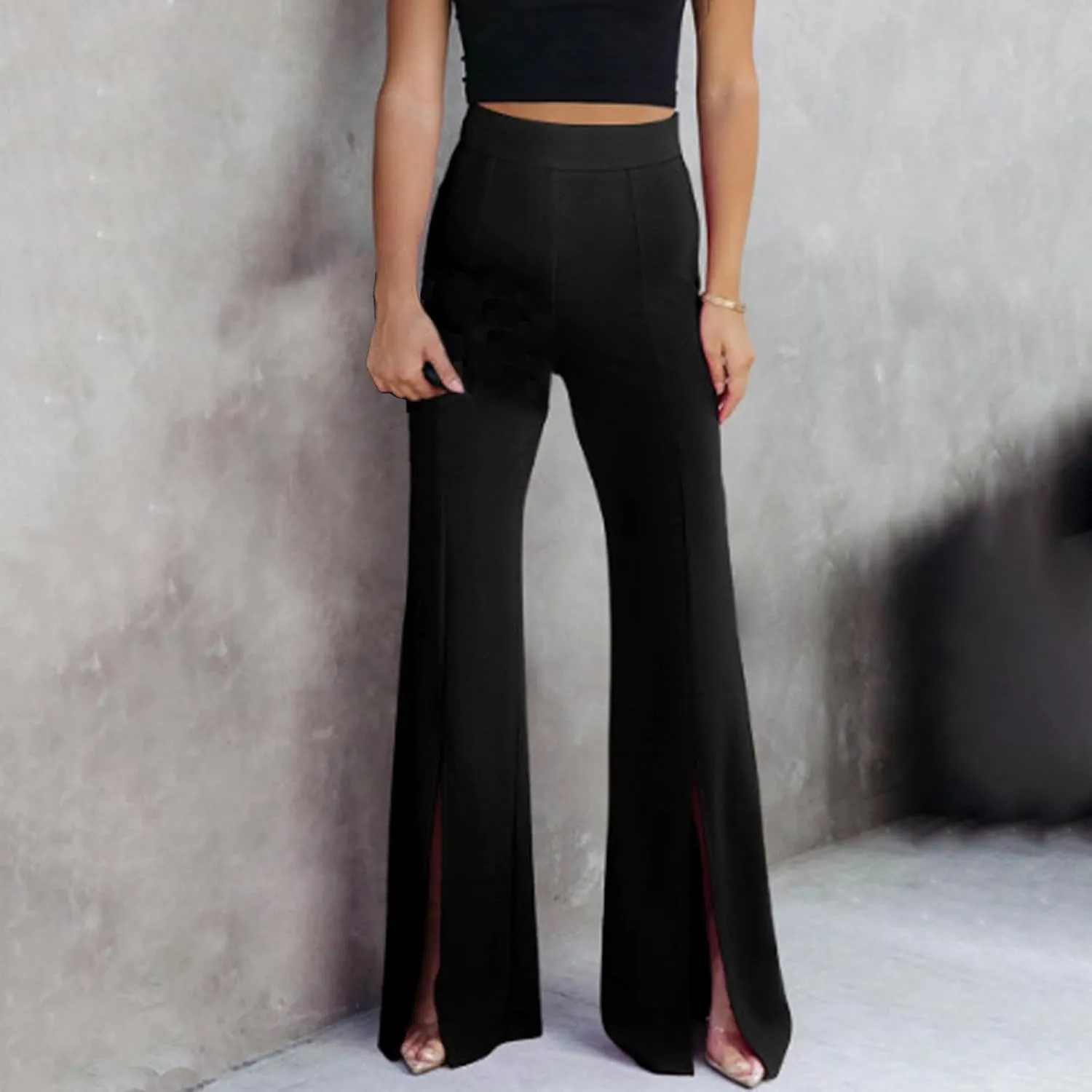 JOAU Womens Fashion Skinny Flared Leggings Front Slit Hem High Waist Bootcut Yoga Pants Casual Workout Stretch Bootleg Pants