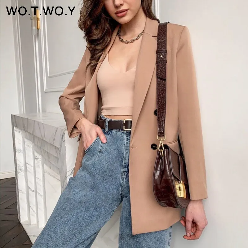 Joskaa Christmas Gift WOTWOY 2024 Office Lady White Blazers Women Autumn Winter Long Sleeve Coats Female Single Button Solid Jacket Woman Pockets New
