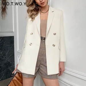 Joskaa Christmas Gift WOTWOY 2024 Office Lady White Blazers Women Autumn Winter Long Sleeve Coats Female Single Button Solid Jacket Woman Pockets New