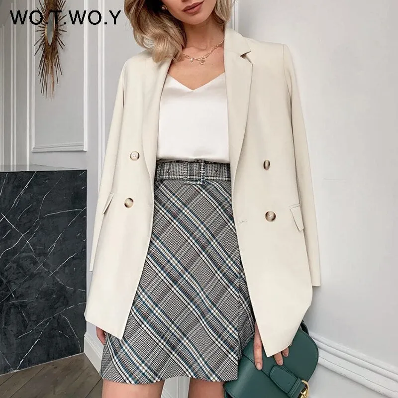 Joskaa Christmas Gift WOTWOY 2024 Office Lady White Blazers Women Autumn Winter Long Sleeve Coats Female Single Button Solid Jacket Woman Pockets New