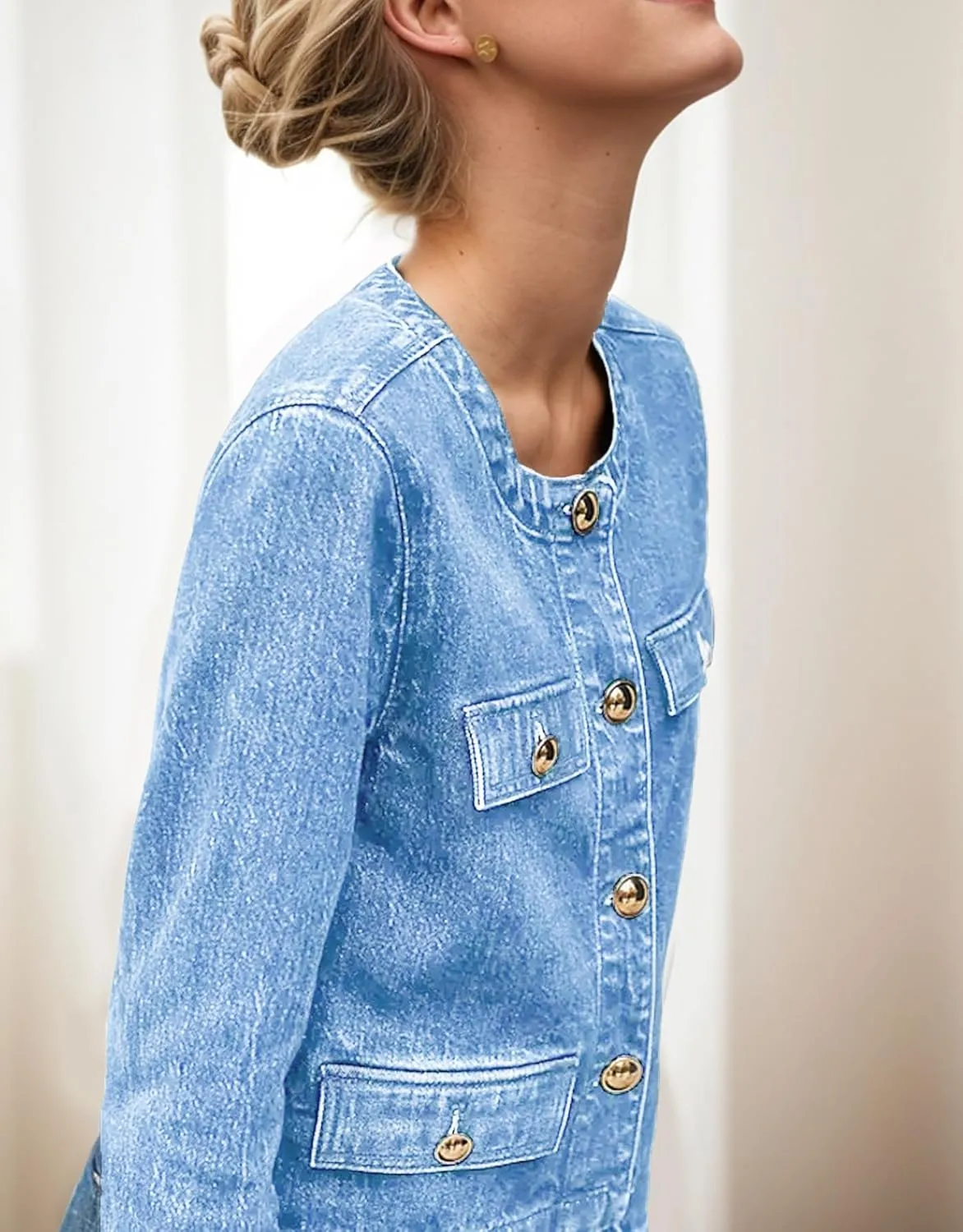 Kedera Jean Jacket Women 2025 Long sleeves Cropped Collarless Jean Cardigan Casual Shacket