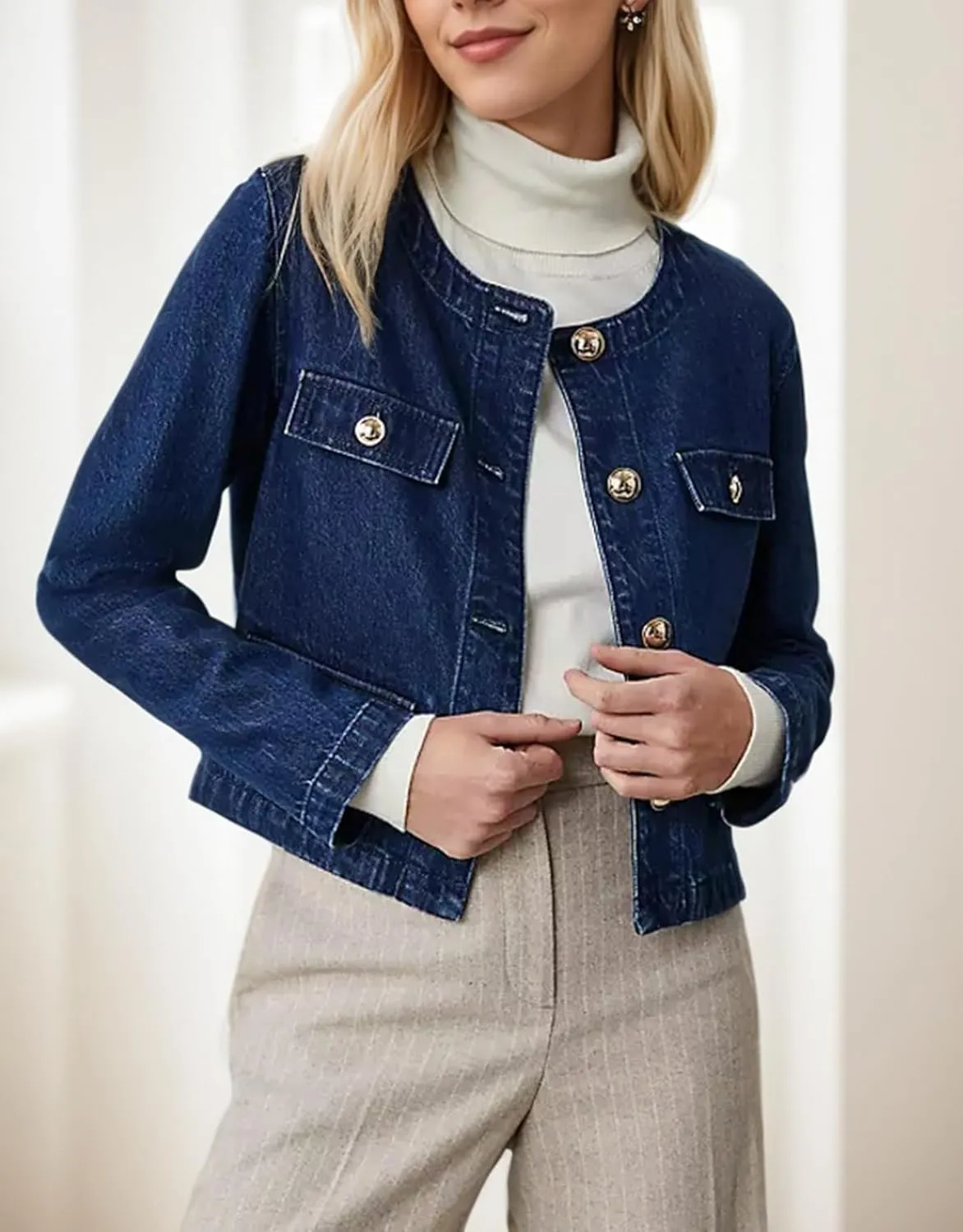 Kedera Jean Jacket Women 2025 Long sleeves Cropped Collarless Jean Cardigan Casual Shacket
