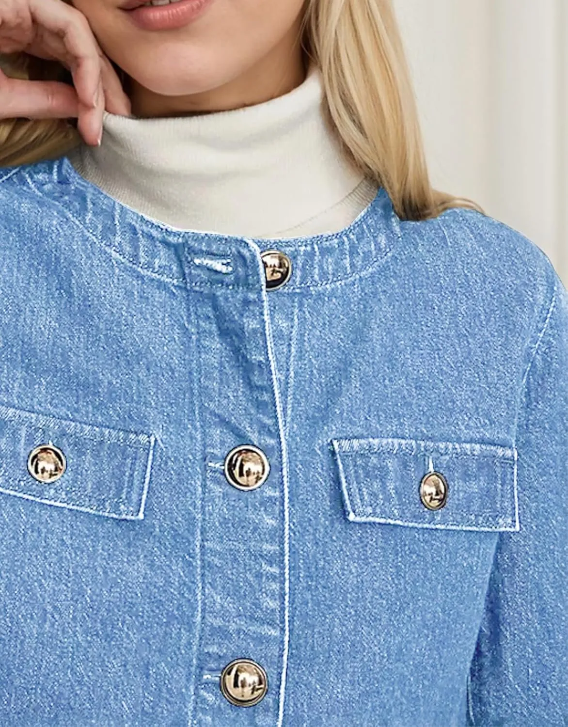 Kedera Jean Jacket Women 2025 Long sleeves Cropped Collarless Jean Cardigan Casual Shacket
