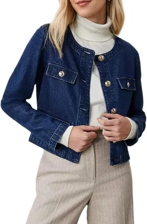 Kedera Jean Jacket Women 2025 Long sleeves Cropped Collarless Jean Cardigan Casual Shacket