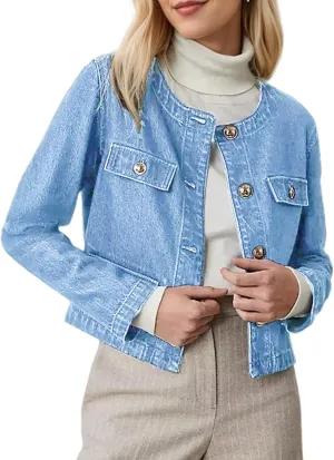 Kedera Jean Jacket Women 2025 Long sleeves Cropped Collarless Jean Cardigan Casual Shacket