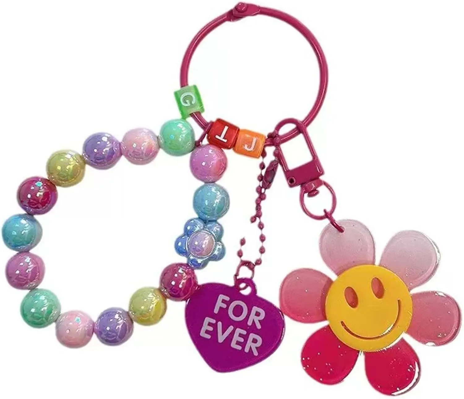 Keychain Wristlet Cute Y2k Flower Heart Beaded Keychain for Purse Handbags Phone Charms
