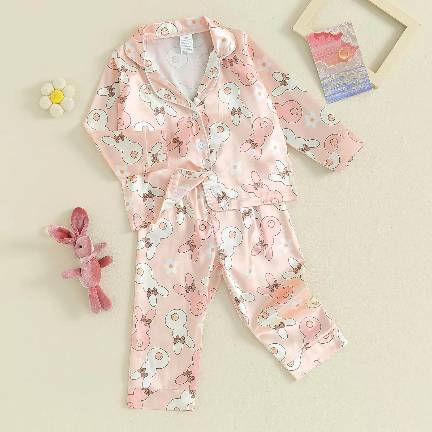 Kids Baby Girl Boy Easter Pajamas Bunny Egg Silk Pajamas Button-Up Pjs 2-Piece Satin Pajama Nightgowns for Toddler