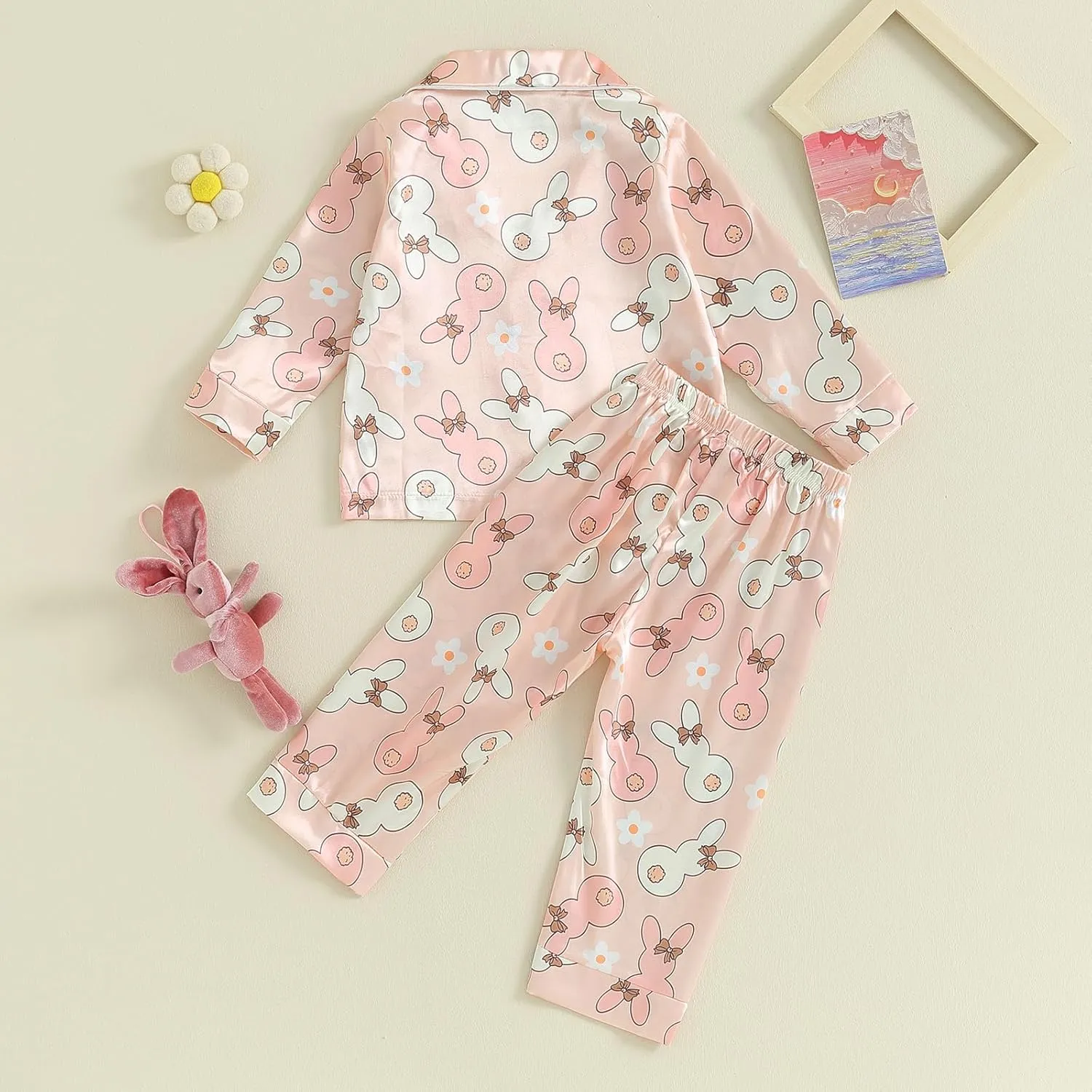Kids Baby Girl Boy Easter Pajamas Bunny Egg Silk Pajamas Button-Up Pjs 2-Piece Satin Pajama Nightgowns for Toddler
