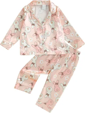 Kids Baby Girl Boy Easter Pajamas Bunny Egg Silk Pajamas Button-Up Pjs 2-Piece Satin Pajama Nightgowns for Toddler