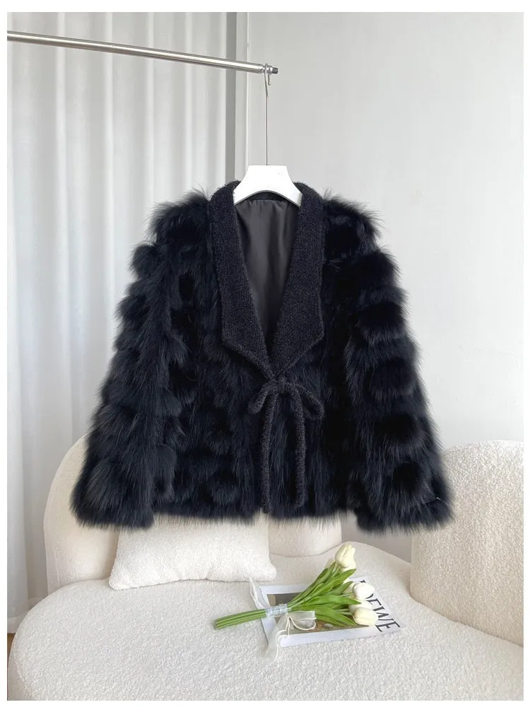 Knitted blended Belt Turn Down Collar Coat