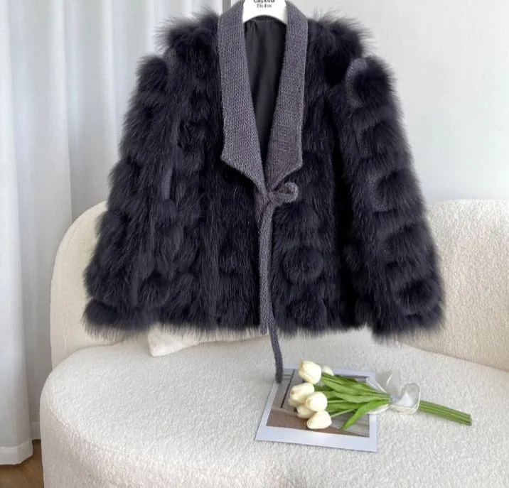 Knitted blended Belt Turn Down Collar Coat