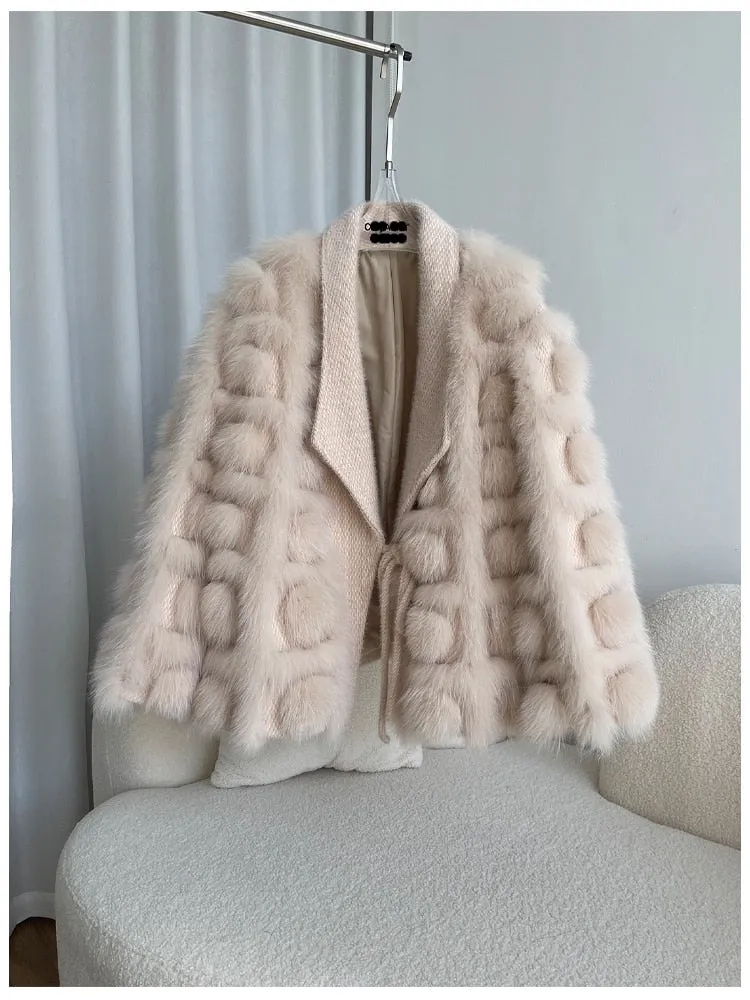 Knitted blended Belt Turn Down Collar Coat