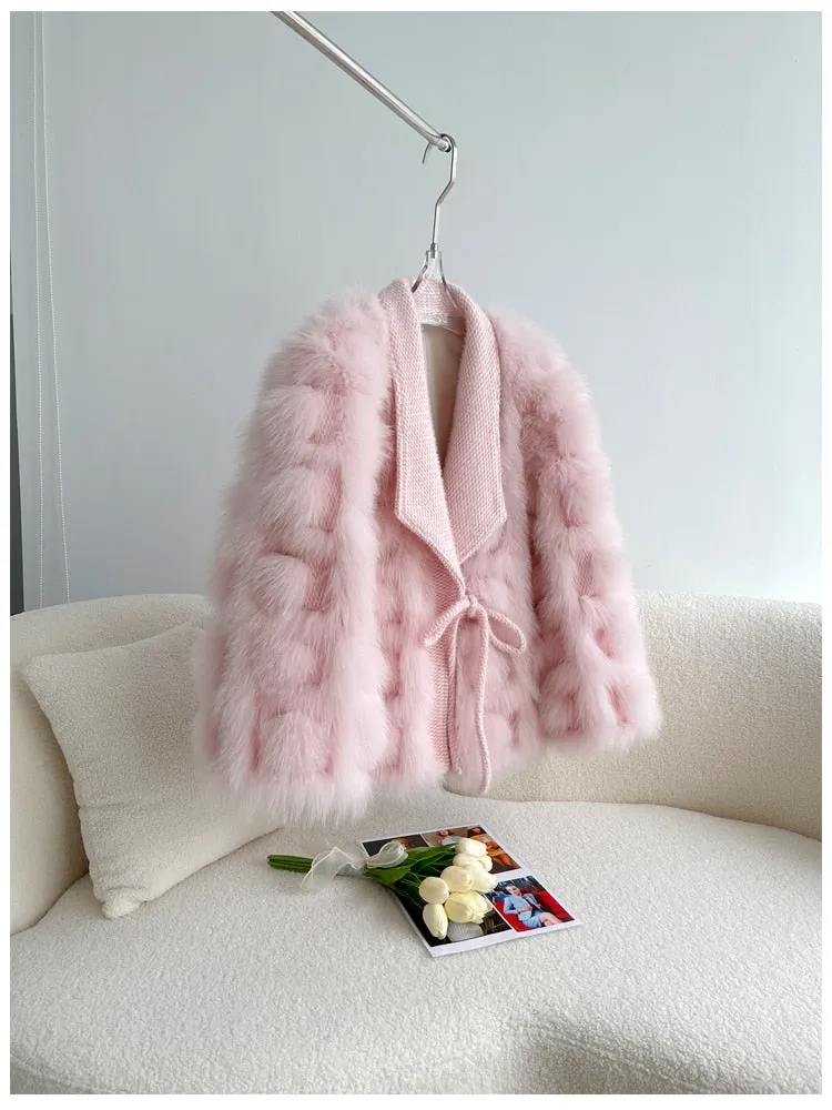 Knitted blended Belt Turn Down Collar Coat