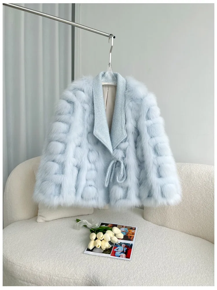 Knitted blended Belt Turn Down Collar Coat