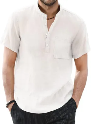 KUYIGO Men's Casual Short Long Sleeve Henley Shirts Linen Cotton Slim Button Regular Hippie Beach T-Shirt Tops