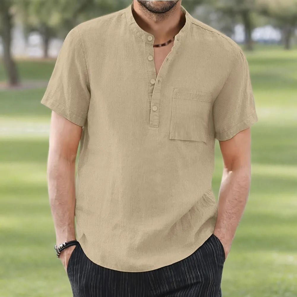 KUYIGO Men's Casual Short Long Sleeve Henley Shirts Linen Cotton Slim Button Regular Hippie Beach T-Shirt Tops