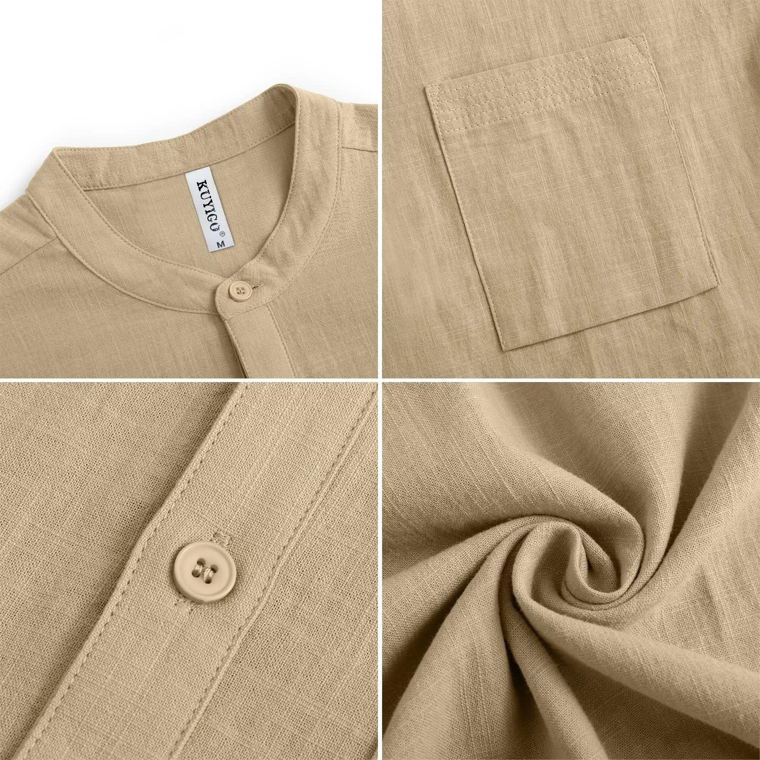KUYIGO Men's Casual Short Long Sleeve Henley Shirts Linen Cotton Slim Button Regular Hippie Beach T-Shirt Tops
