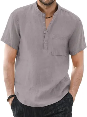 KUYIGO Men's Casual Short Long Sleeve Henley Shirts Linen Cotton Slim Button Regular Hippie Beach T-Shirt Tops