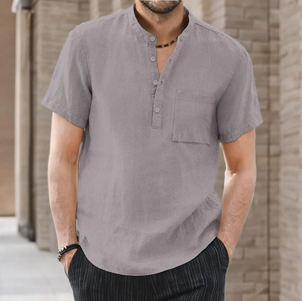 KUYIGO Men's Casual Short Long Sleeve Henley Shirts Linen Cotton Slim Button Regular Hippie Beach T-Shirt Tops