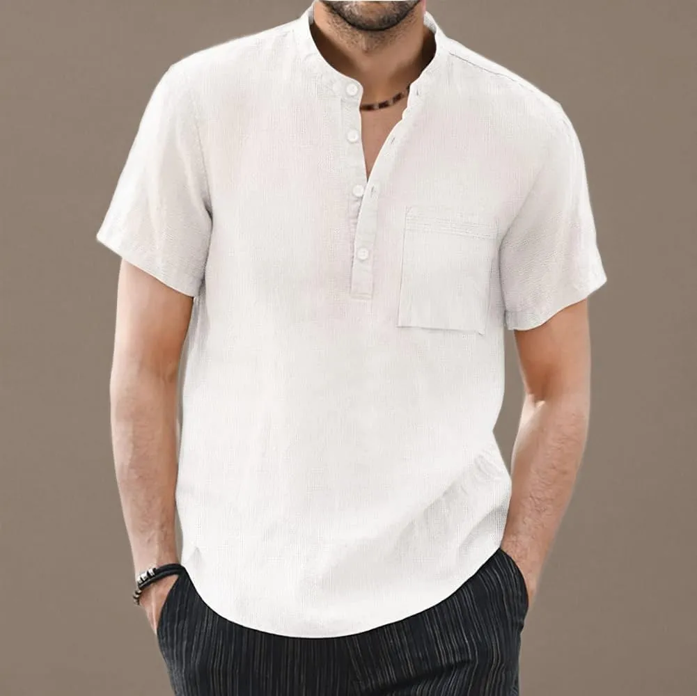 KUYIGO Men's Casual Short Long Sleeve Henley Shirts Linen Cotton Slim Button Regular Hippie Beach T-Shirt Tops