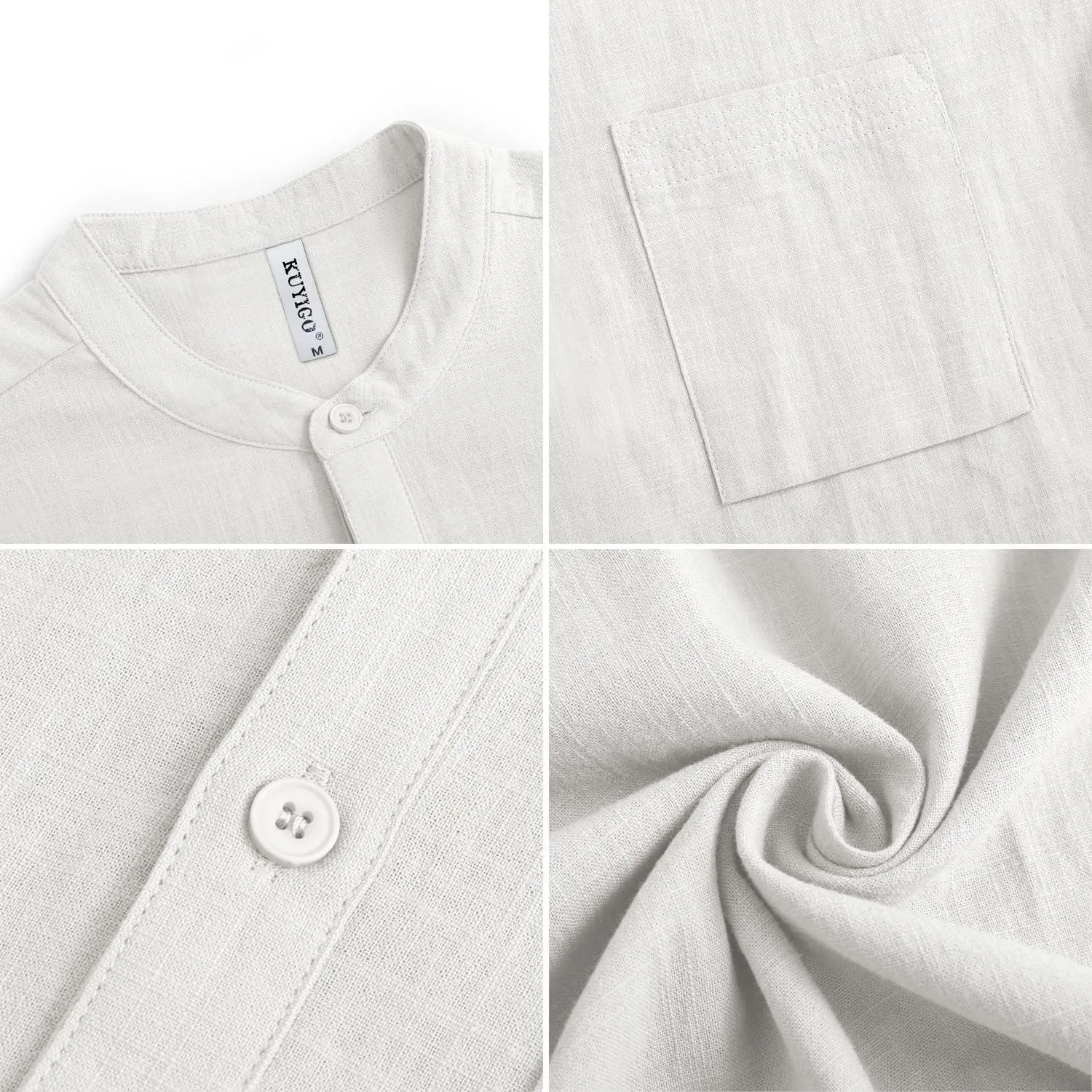 KUYIGO Men's Casual Short Long Sleeve Henley Shirts Linen Cotton Slim Button Regular Hippie Beach T-Shirt Tops