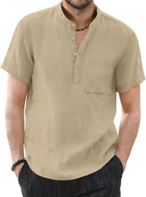 KUYIGO Men's Casual Short Long Sleeve Henley Shirts Linen Cotton Slim Button Regular Hippie Beach T-Shirt Tops